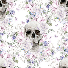 Beautiful watercolor seamless pattern with skull and flowers of peony and roses.