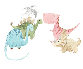 Several dinosaurs stand in a circle face to face