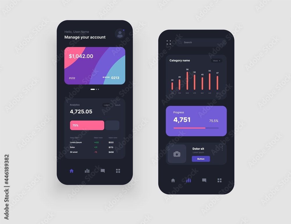 Poster mobile app interface design in dark colors with ui and ux elements. use design for web application, 