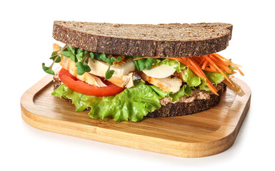 Board with tasty sandwich on white background