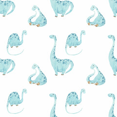 Seamless pattern with dinosaurs, hand-drawn in watercolor  blue dinosaur with a long neck and tail in different sits, stands on a white background