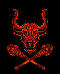 illustration bull head with two hammer skull