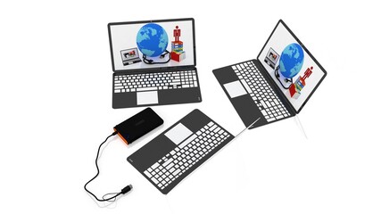 3d illustration  laptop database file cloud with hard disk
