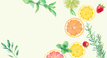 フレッシュなフルーツとハーブの水彩イラスト。オレンジ、レモン、グレープフルーツ、ライム、イチゴのバナー背景。水彩イラストのトレースベクター。（レイアウト調整可能） - obrazy, fototapety, plakaty
