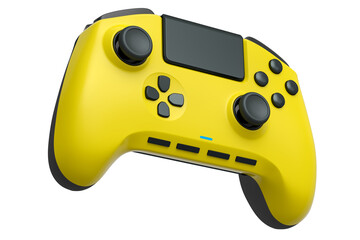 Realistic yellow video game joystick on white background