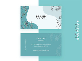 Front And Back View Of Horizontal Business Card Template In Blue Color.