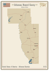 Map on an old playing card of Howard county in Arkansas, USA.