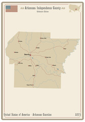 Map on an old playing card of Independence county in Arkansas, USA.