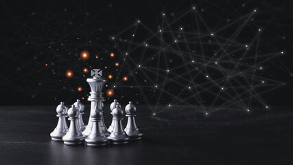 Business control chess board game of business strategy and tactic with futuristic graphic icon on table. Idea for management competition, success and leadership concept for your advertising content.