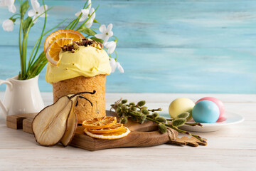 Easter traditional cake on a wooden table for the holiday.