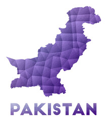 Map of Pakistan. Low poly illustration of the country. Purple geometric design. Polygonal vector illustration.