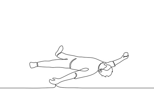 man lying on the floor on his back in a starfish (or angel) pose - one line drawing. concept of fatigue, impotence, mental or physical crisis, lying drunk