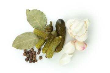 Fresh pickles and ingredients isolated on white background