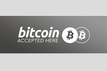 Bitcoin accepted here. Bitcoin BTC Logo accept payment by crypto currency. Virtual digital money Cryptocurrency concept