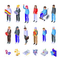 Discrimination icons set isometric vector. Police brutality. Civil rights