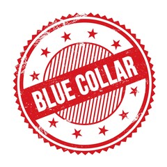 BLUE COLLAR text written on red grungy round stamp.
