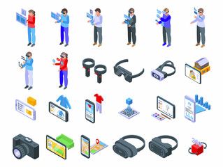 NAME icons set isometric vector. Virtual cube. 360 simulation