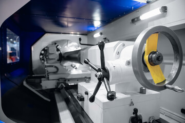 Modern CNC metalworking machine. Industry automation factory mill drill technology work