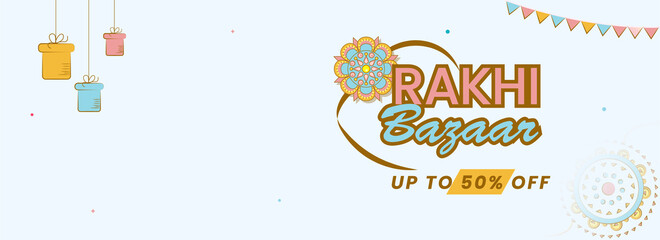 UP TO 50% Off For Rakhi Bazaar Header Or Banner Design In White Color.