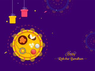 Happy Raksha Bandhan Concept With Top View Worship Plate Of Rakhi And Gift Boxes Hang On Purple Background.