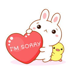 Unhappy kawaii bunny and duckling with heart. Inscription I'm sorry