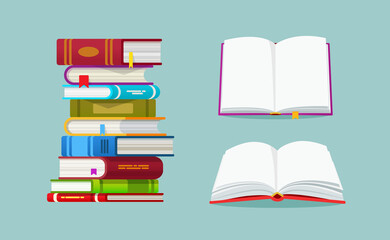 Open book with clean pages and stack of books isolated vector illustration. Academic and school knowledge, education and graduation. Reading, encyclopedia. Template for books Shop advertising