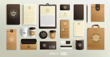 Coffee shop Corporate Brand identity Mockup set for fast-food restaurant. Coffee branding mockup set with logo template, beverage cup, paper shopping bag and business cards