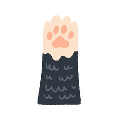 Cute cat paw with soft pads in doodle style. Adorable raised kitten leg. Charming feline animal foot or hand, gesturing hi. Colored flat vector illustration isolated on white background