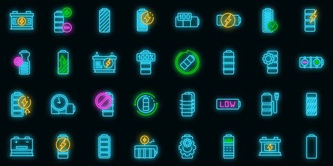 Battery icons set. Outline set of battery vector icons neon color on black