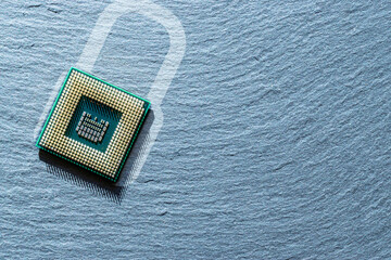 Processor chip. Network digital security technology with computer processor chip on dark background. Internet business and networking concept.