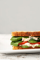 Plate with tasty sandwich on light background, closeup