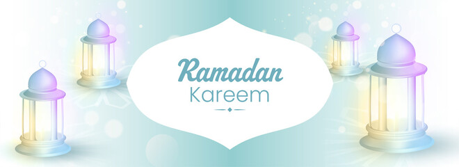 Ramadan Kareem Concept With 3D Gradient Lit Lanterns On White And Blue Bokeh Background.
