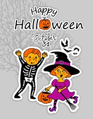 Happy Halloween. A greeting card. Cute Cartoon characters. Funny little children in colorful costumes. Flat Illustration