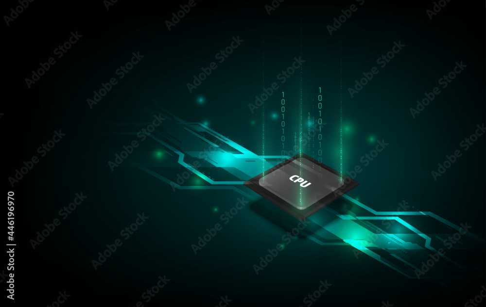 Poster quantum computer, large data processing, database concept.cpu isometric banner. central computer pro