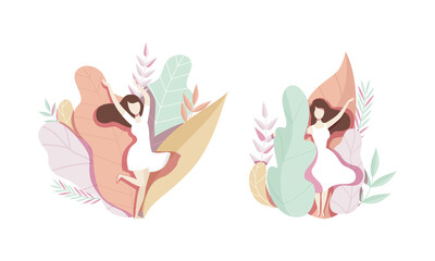 Beautiful Brunette Women in Plants and Flowers in Pastel Colors Set Vector Illustration