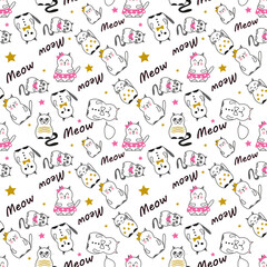 Pattern with Many black and White icons of cute cats and gold and grey stars. Drawn kittens in graphic design. 