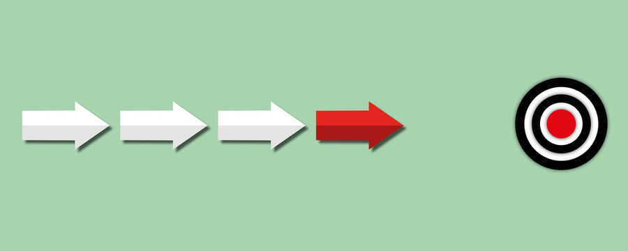 White arrows follow red arrow hitting in the target on green background, concept of following the leader straight to the goal, paper cut design style.