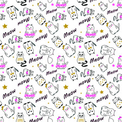 Pattern with Many black and White icons of cute cats and gold and grey stars. Drawn kittens in graphic design. 