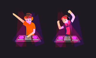 Dj Playing Progressive Electro Music at Nightclub Set, Dj Standing at Spotlights Making Modern Music Cartoon Vector Illustration