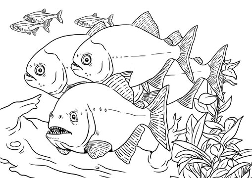 Aquarium with Piranhas for coloring. Predatory fish piranha from the Amazon river. Template for children and adults.	
