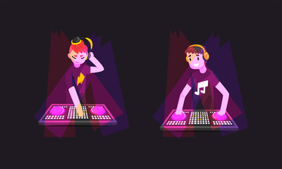 Dj Playing Progressive Electro Music at Nightclub Set, Dj in Headphones Standing at Electronic Turntable Mixing Console Cartoon Vector Illustratio