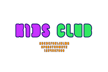 Kids multi colored Font, trendy cartoon alphabet, bold fun letters and numbers made in cute style, vector illustration 10eps
