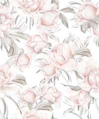 Seamless spring pattern with a bouquet of peonies. Vintage wallpaper with flowers in pastel colors