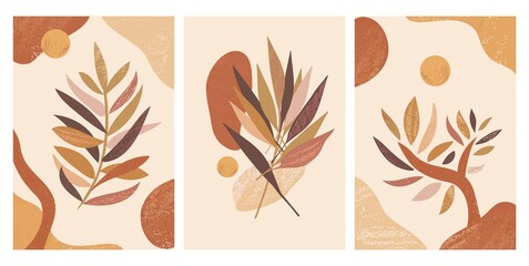 Botanical floral wall art set of 3 abstract boho designs.Luxury bohemian interior.Minimal vector background,foliage leaves tree,nude pastel 