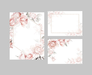 Set with greeting cards. Delicate roses and peonies in pastel colors