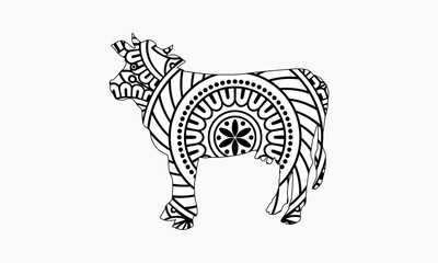 hand drawn vector.Adult coloring page cow.Zen art style illustration.