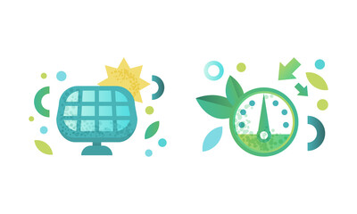 Eco Friendly Technologies Icons Set, Solar Panel, Speedometer, Green Energy and Environment Protection Concept Flat Vector Illustration
