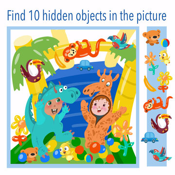 Find 10 hidden objects in the picture. Children in giraffe and dragon fancy dress on an inflatable attraction. Puzzle game with hidden elements. Vector illustration.