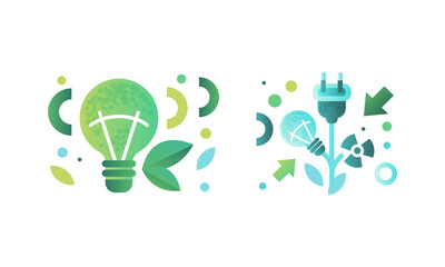Eco Related Symbols Set, Light Bulbs, Green Energy and Environment Protection Concept Flat Vector Illustration