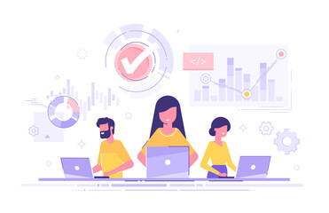 Data scientists, software engineer, statistician, programmers, visualizer and analyst working on a project. Big Data analysis concept. Professional team working together. Modern vector illustration.